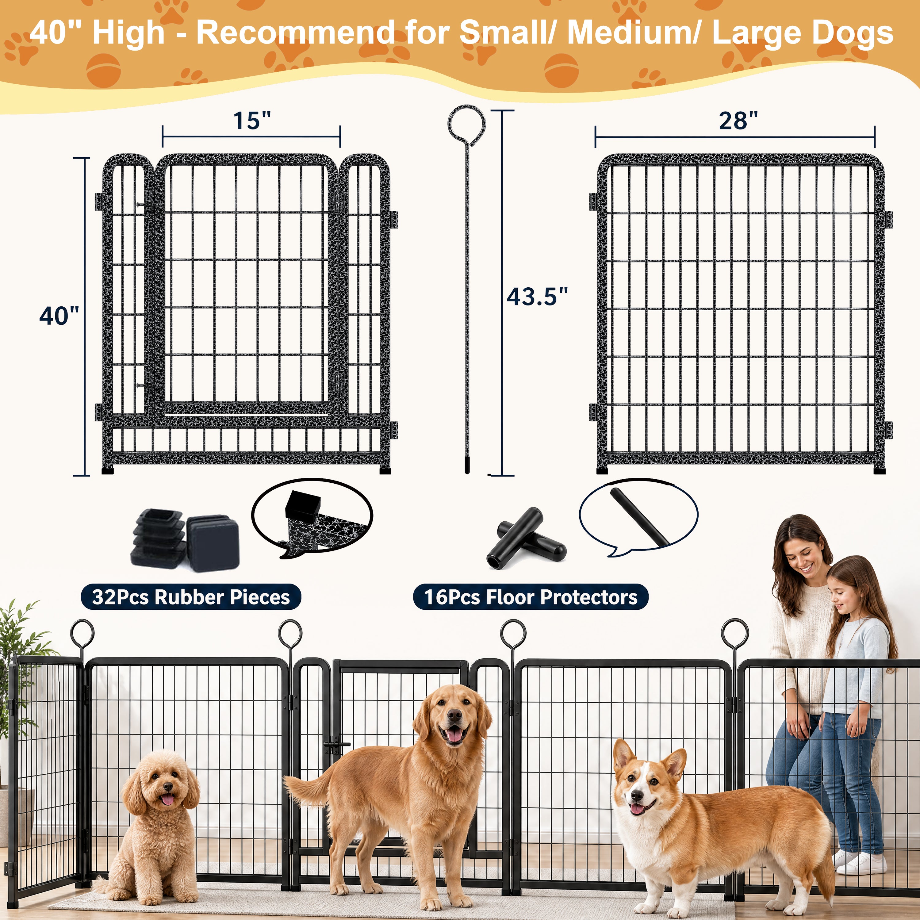 Dog Playpen Outdoor Extra Wide 16 Piece Panels Heavy Duty Dog Fence 40Inch Height Anti Rust with Doors Portable for RV Camping Yard Total 37FT 111Sq ft Snowy Black