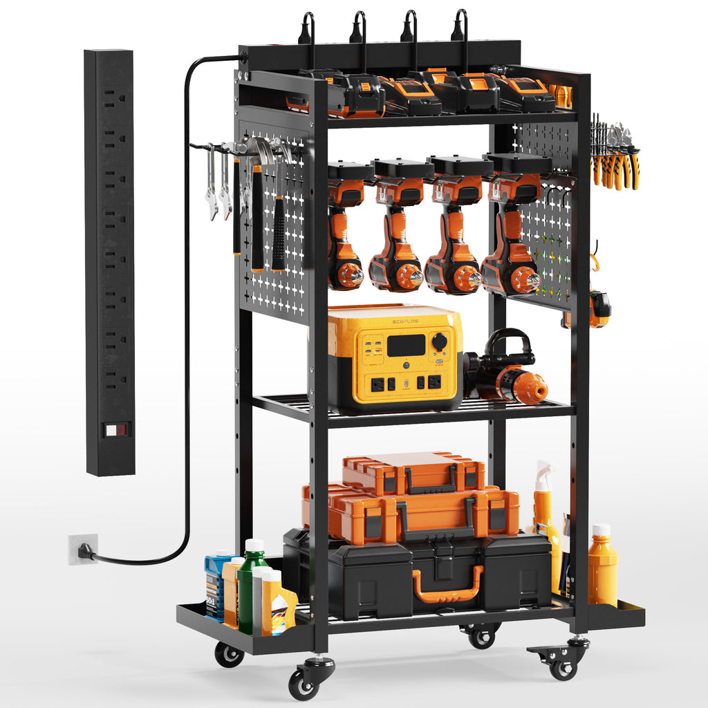 Power Tool Organizer Cart with Adjustable Storage, Garage Workshop Tool Box Cart