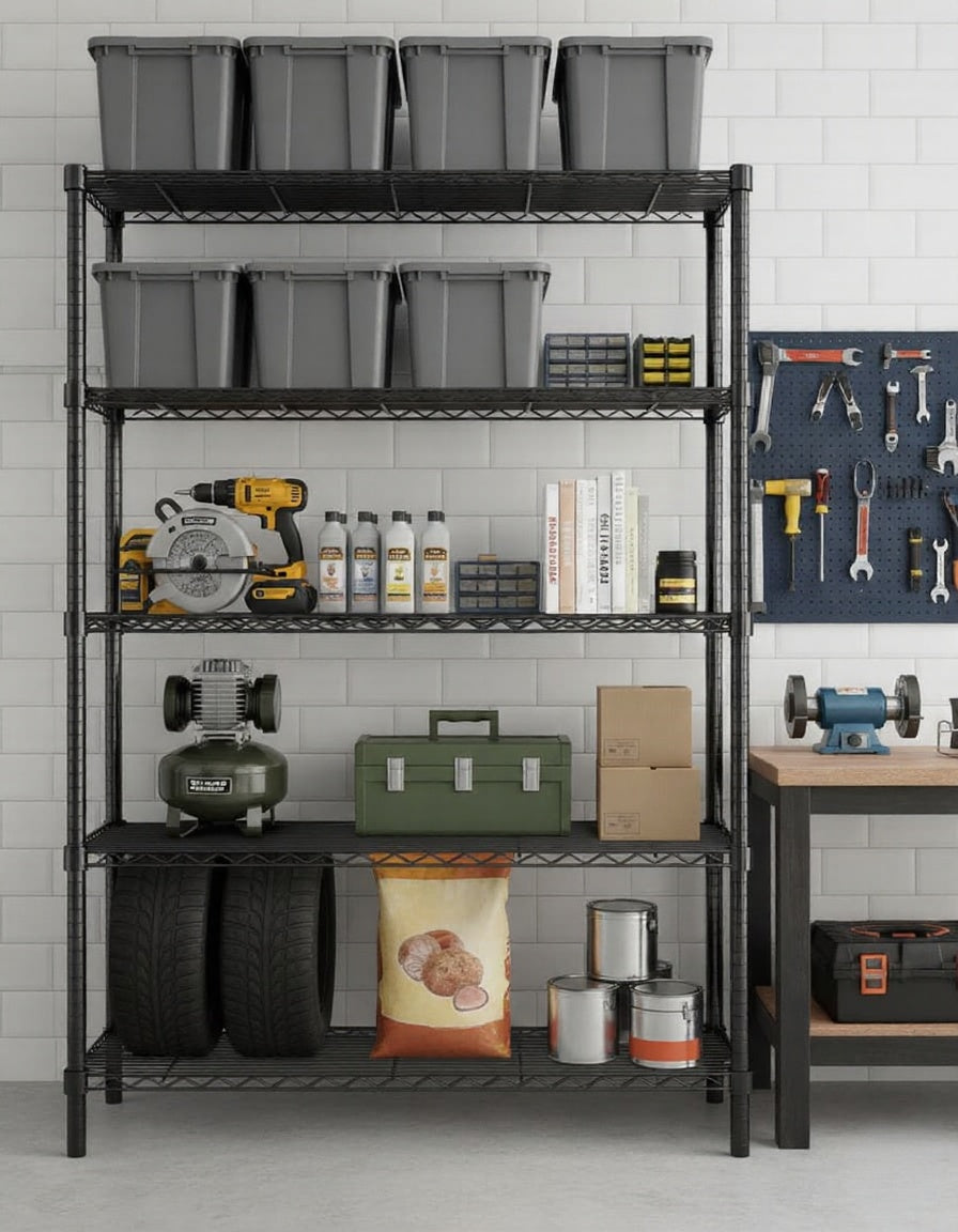 48"W x 18"D Black 5-Tier Wire Shelving, 2000Lbs Capacity Heavy Duty Metal Rack, Rust-Proof Adjustable Shelves for Garage, Kitchen Pantry & Basement - Black