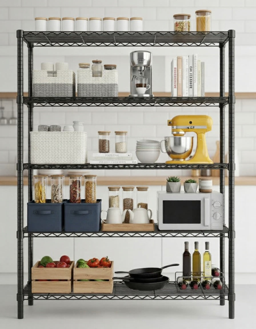 48"W x 18"D Black 5-Tier Wire Shelving, 2000Lbs Capacity Heavy Duty Metal Rack, Rust-Proof Adjustable Shelves for Garage, Kitchen Pantry & Basement - Black