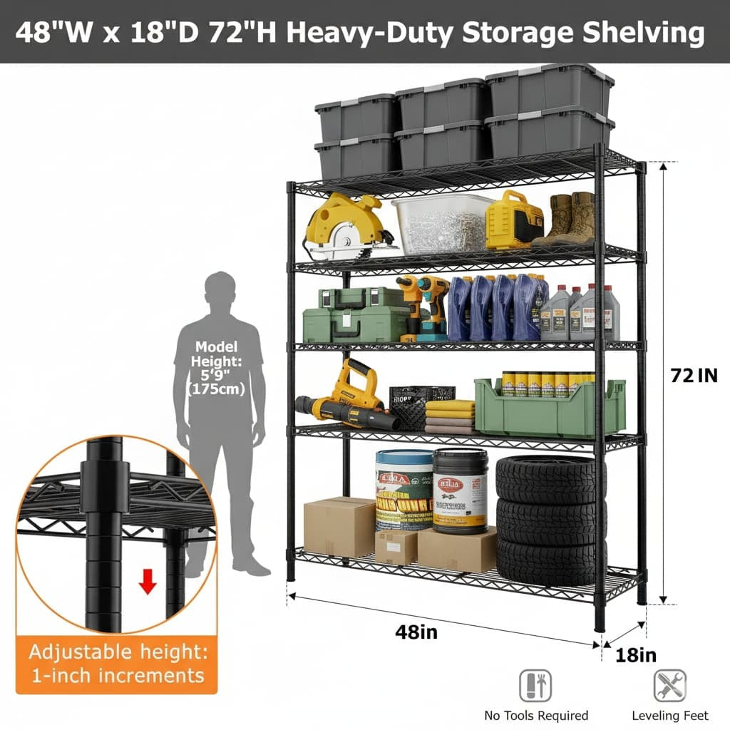 48"W x 18"D Black 5-Tier Wire Shelving, 2000Lbs Capacity Heavy Duty Metal Rack, Rust-Proof Adjustable Shelves for Garage, Kitchen Pantry & Basement - Black