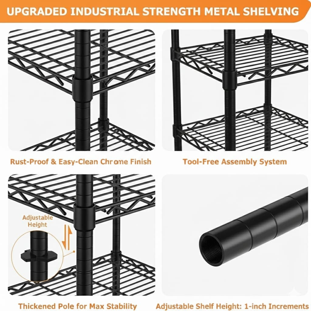 48"W x 18"D Black 5-Tier Wire Shelving, 2000Lbs Capacity Heavy Duty Metal Rack, Rust-Proof Adjustable Shelves for Garage, Kitchen Pantry & Basement - Black