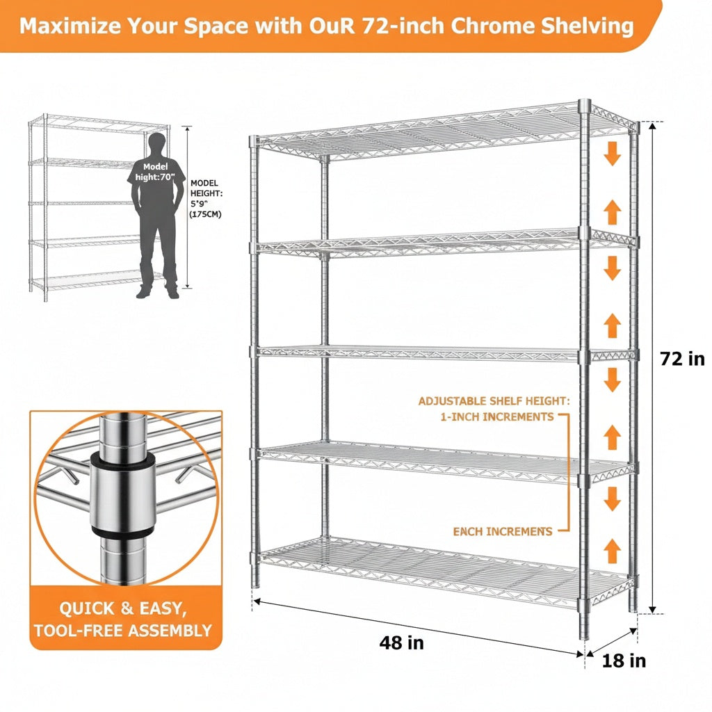 48"W x 18"D Black 5-Tier Wire Shelving, 2000Lbs Capacity Heavy Duty Metal Rack, Rust-Proof Adjustable Shelves for Garage, Kitchen Pantry & Basement - Black
