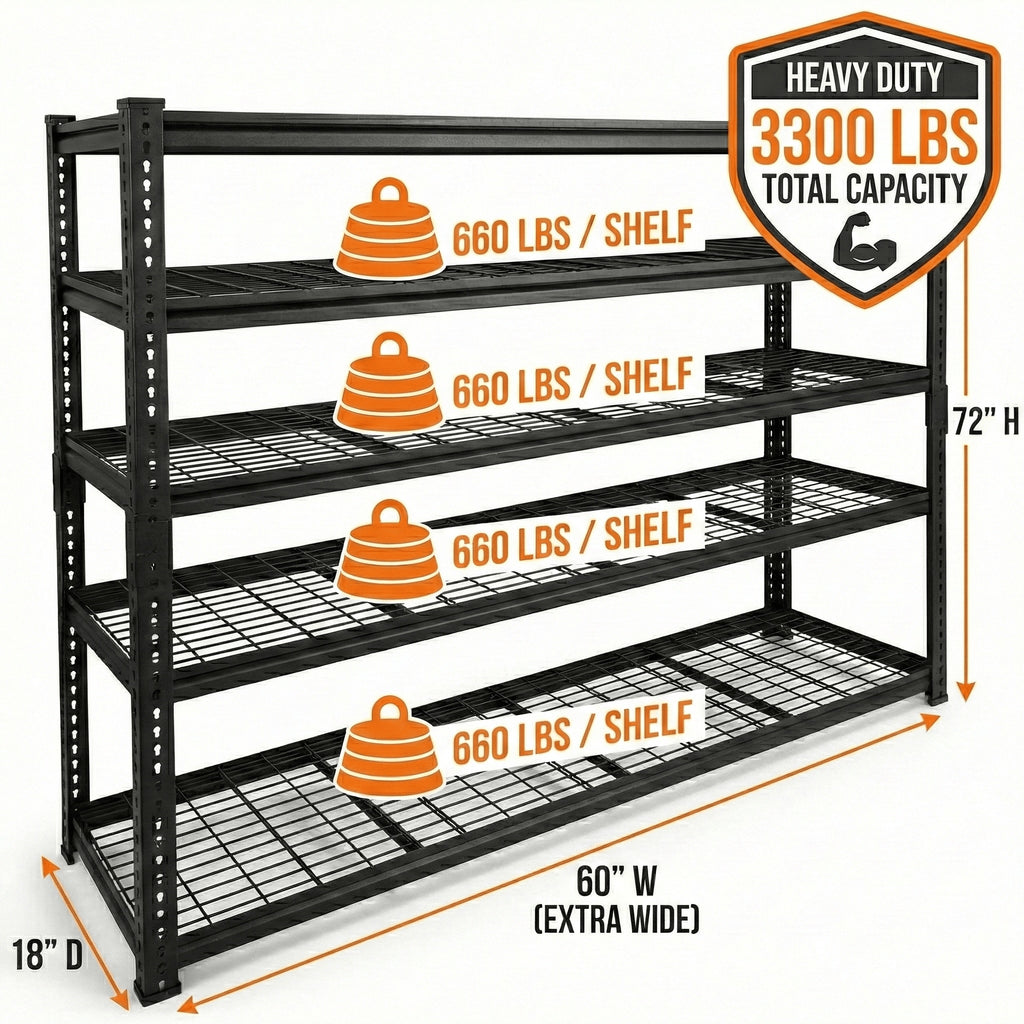 60"W x 18"D x 72"H Wire Shelving Unit, Industrial Grade 4/5-Tier Metal Storage Rack, Massive 3300Lbs Capacity (660Lbs/Shelf), Heavy Duty Adjustable Garage Shelf for Warehouse, Commercial Kitchen, Black