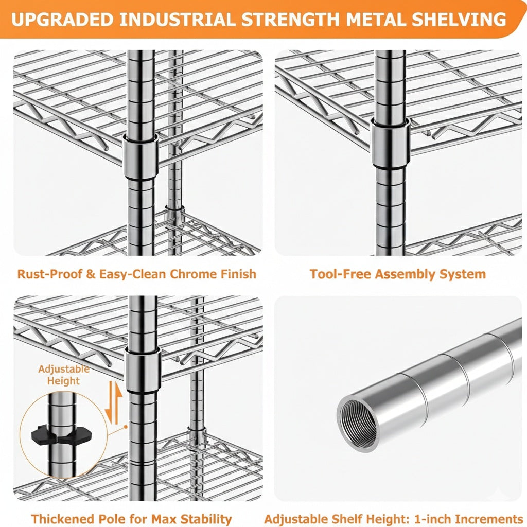48"W x 18"D Black 5-Tier Wire Shelving, 2000Lbs Capacity Heavy Duty Metal Rack, Rust-Proof Adjustable Shelves for Garage, Kitchen Pantry & Basement - Black
