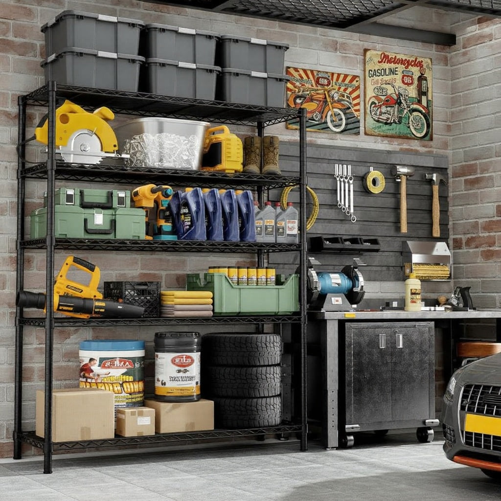 48"W x 18"D Black 5-Tier Wire Shelving, 2000Lbs Capacity Heavy Duty Metal Rack, Rust-Proof Adjustable Shelves for Garage, Kitchen Pantry & Basement - Black