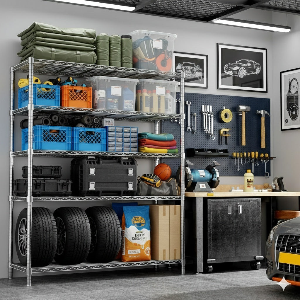 48"W x 18"D Black 5-Tier Wire Shelving, 2000Lbs Capacity Heavy Duty Metal Rack, Rust-Proof Adjustable Shelves for Garage, Kitchen Pantry & Basement - Black