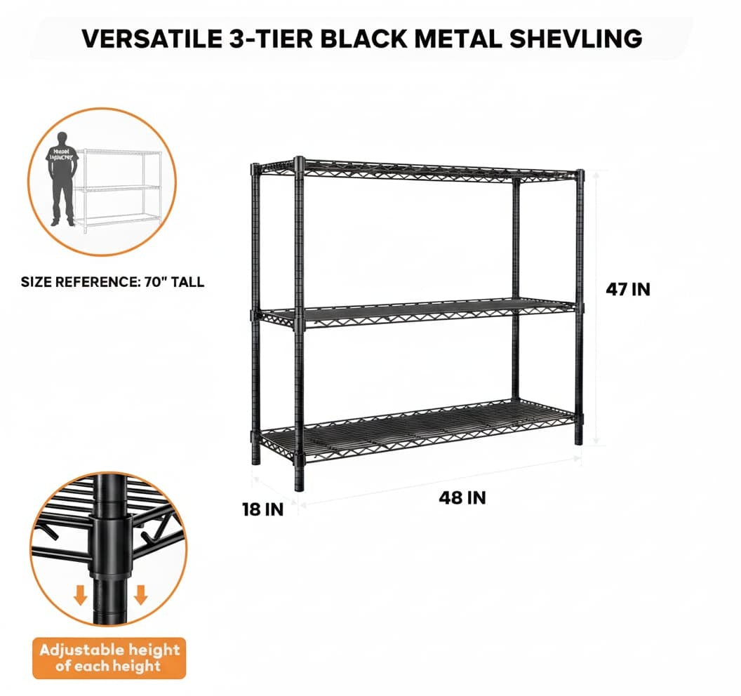 48"W x 18"D Black 5-Tier Wire Shelving, 2000Lbs Capacity Heavy Duty Metal Rack, Rust-Proof Adjustable Shelves for Garage, Kitchen Pantry & Basement - Black