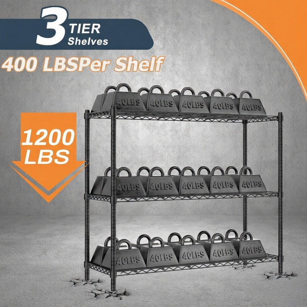 48"W x 18"D Black 5-Tier Wire Shelving, 2000Lbs Capacity Heavy Duty Metal Rack, Rust-Proof Adjustable Shelves for Garage, Kitchen Pantry & Basement - Black