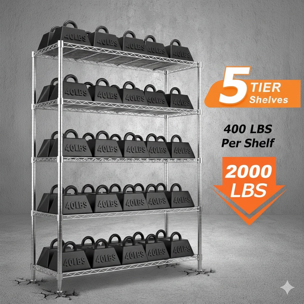 48"W x 18"D Black 5-Tier Wire Shelving, 2000Lbs Capacity Heavy Duty Metal Rack, Rust-Proof Adjustable Shelves for Garage, Kitchen Pantry & Basement - Black