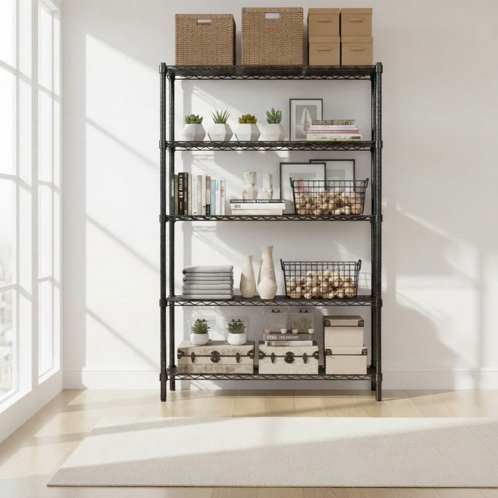 48"W x 18"D Black 5-Tier Wire Shelving, 2000Lbs Capacity Heavy Duty Metal Rack, Rust-Proof Adjustable Shelves for Garage, Kitchen Pantry & Basement - Black