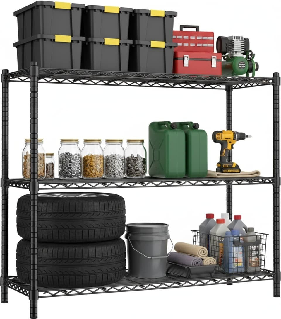 48"W x 18"D Black 5-Tier Wire Shelving, 2000Lbs Capacity Heavy Duty Metal Rack, Rust-Proof Adjustable Shelves for Garage, Kitchen Pantry & Basement - Black
