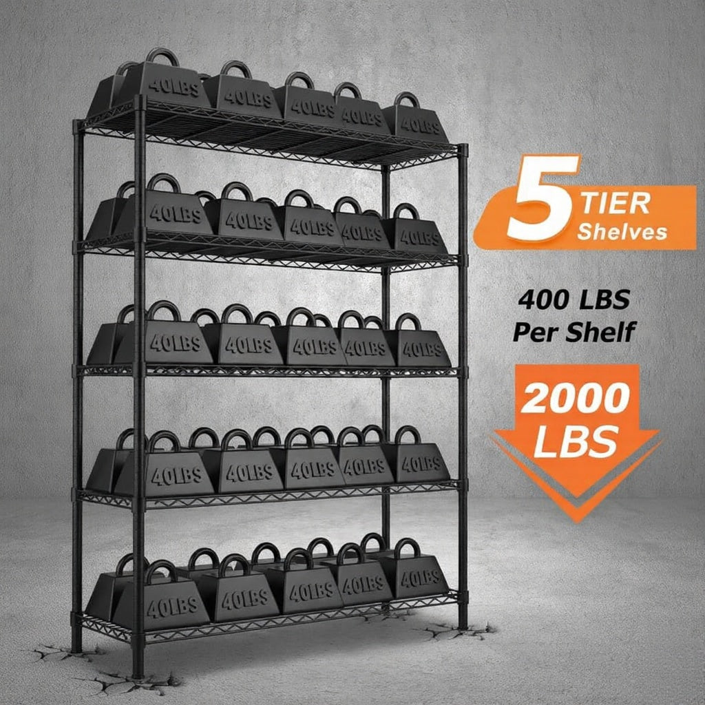 48"W x 18"D Black 5-Tier Wire Shelving, 2000Lbs Capacity Heavy Duty Metal Rack, Rust-Proof Adjustable Shelves for Garage, Kitchen Pantry & Basement - Black