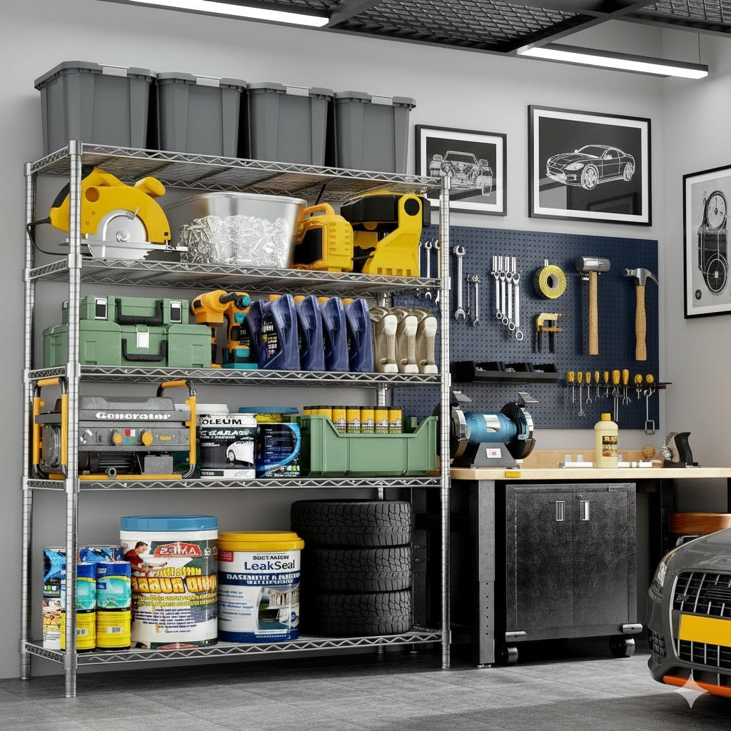 48"W x 18"D Black 5-Tier Wire Shelving, 2000Lbs Capacity Heavy Duty Metal Rack, Rust-Proof Adjustable Shelves for Garage, Kitchen Pantry & Basement - Black