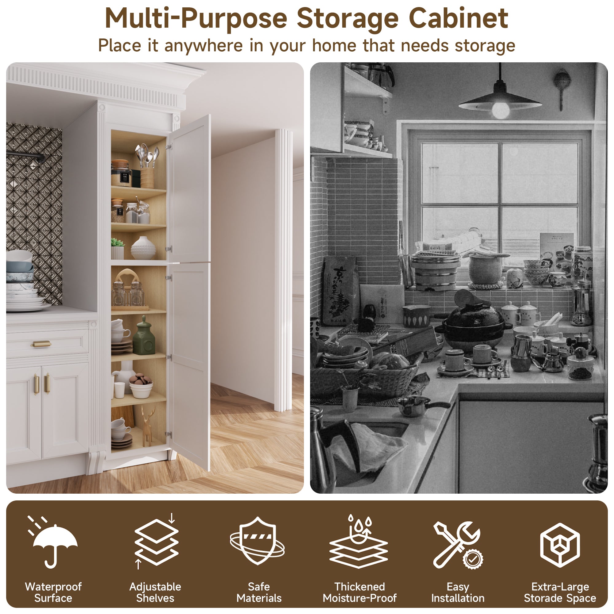 Pantry Kitchen Cabinet Tall Storage Cabinet in Shaker White