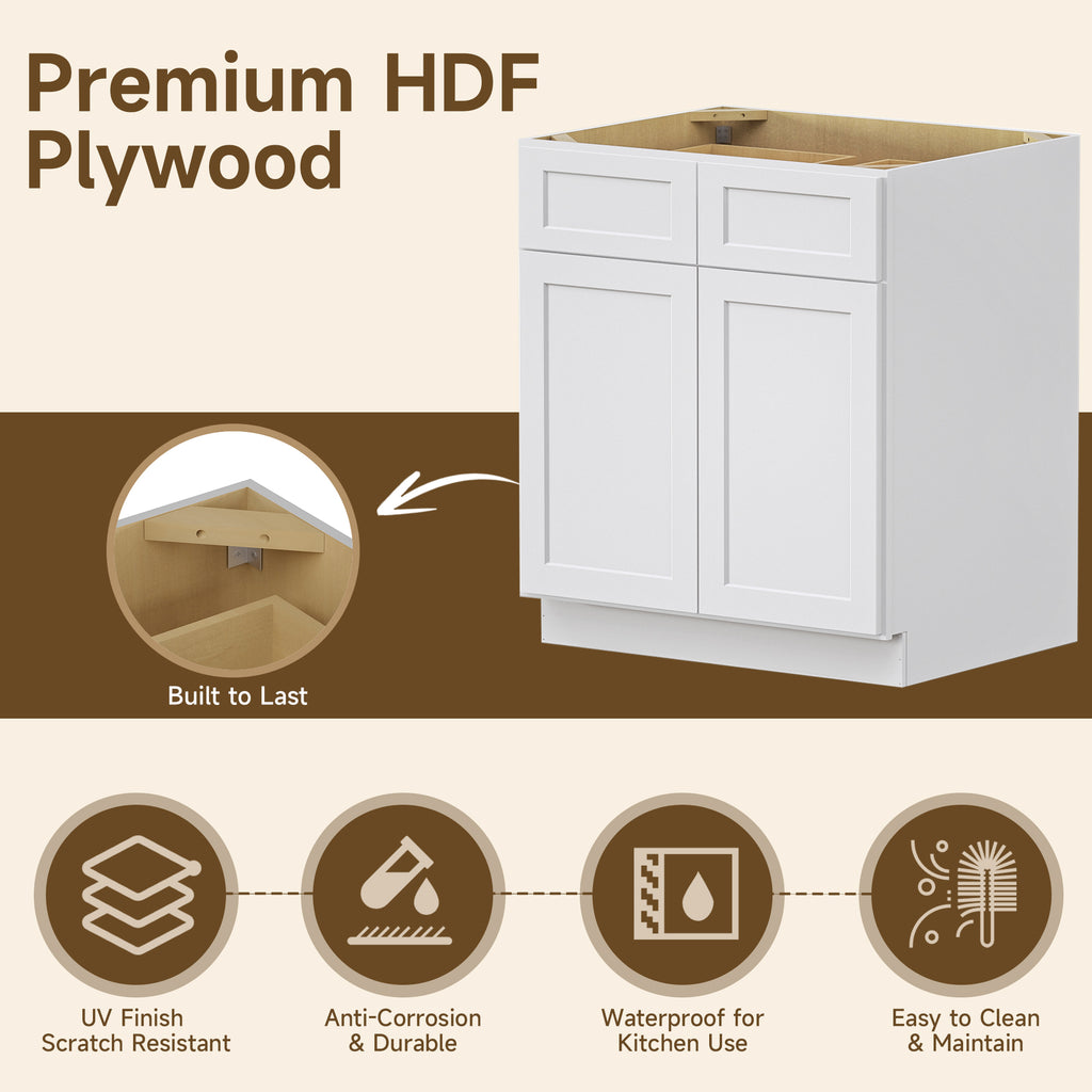 Kitchen Sink Base Cabinet with 2-Drawer in Shaker White