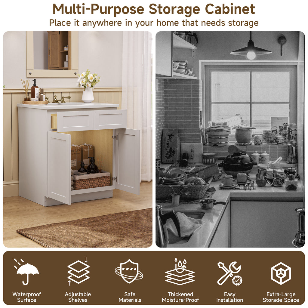 Kitchen Sink Base Cabinet with 2-Drawer in Shaker White