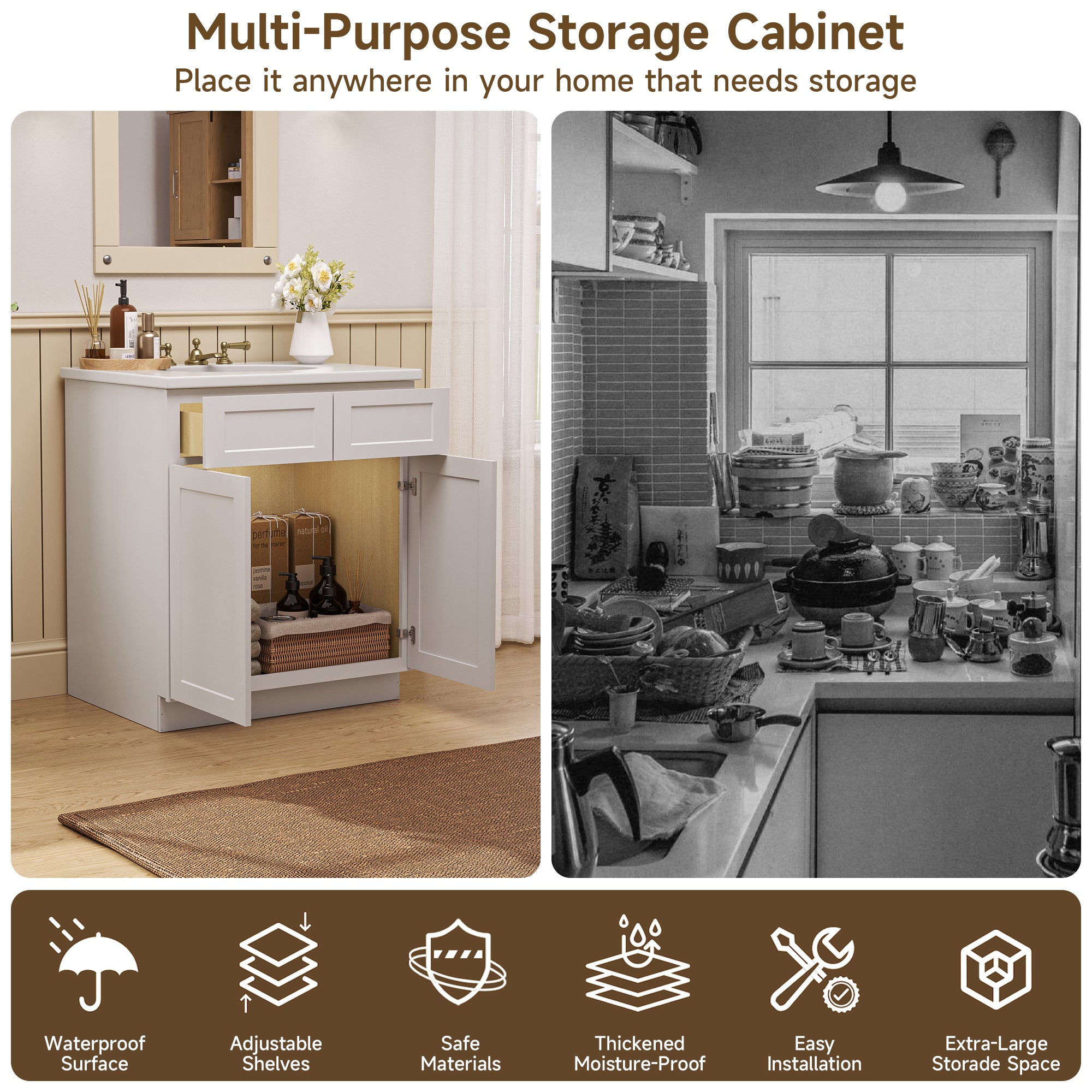 Kitchen Sink Base Cabinet with 2-Drawer in Shaker White