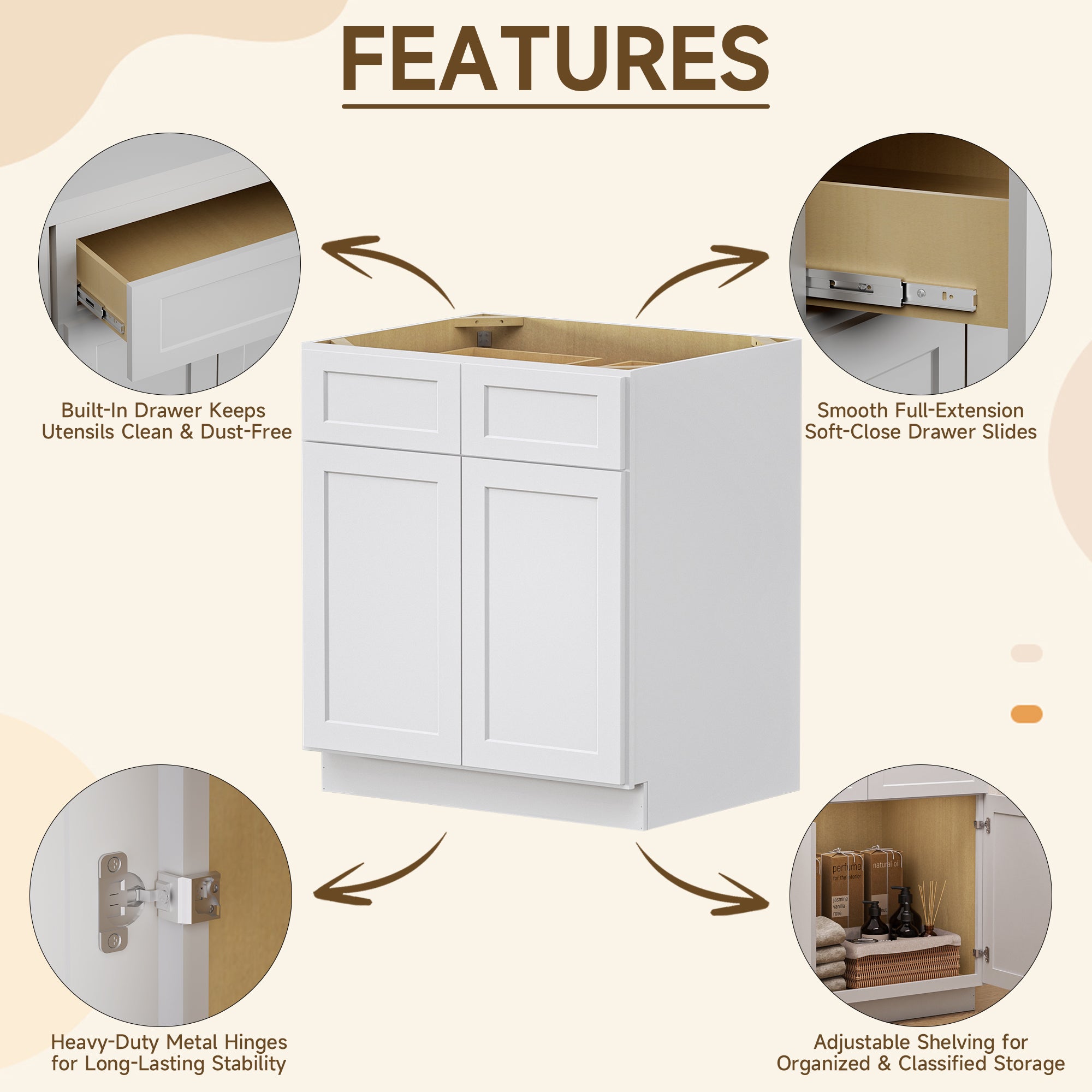 Kitchen Sink Base Cabinet with 2-Drawer in Shaker White