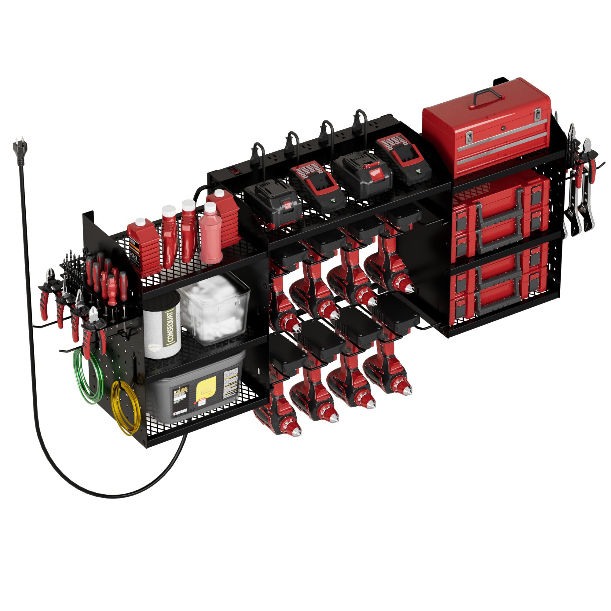 Power Tool Organizer Wall Mount with Charging Station 3-Tier Metal Garage Tool Storage Rack with 8-Outlet Power Strip