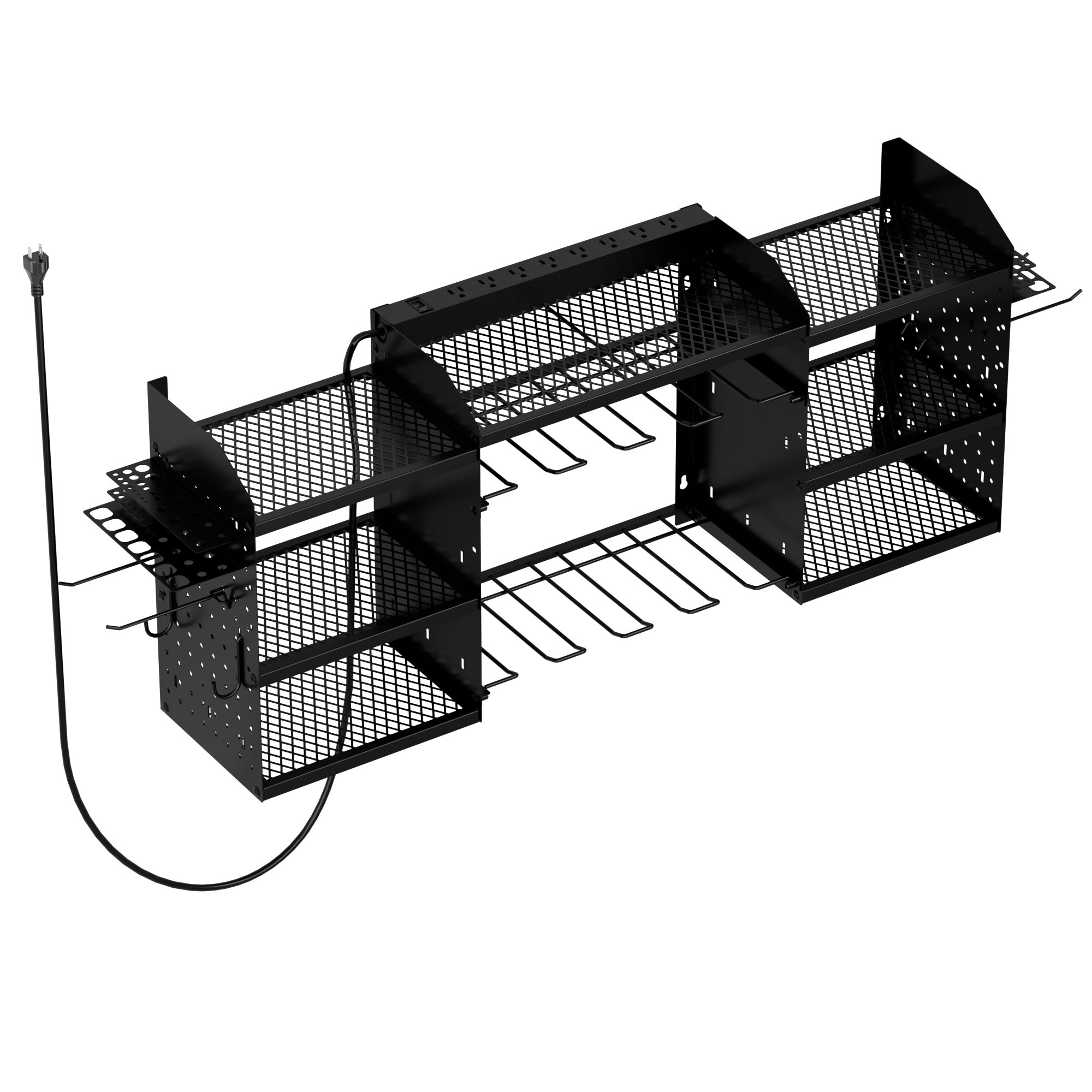 Power Tool Organizer Wall Mount with Charging Station 3-Tier Metal Garage Tool Storage Rack with 8-Outlet Power Strip