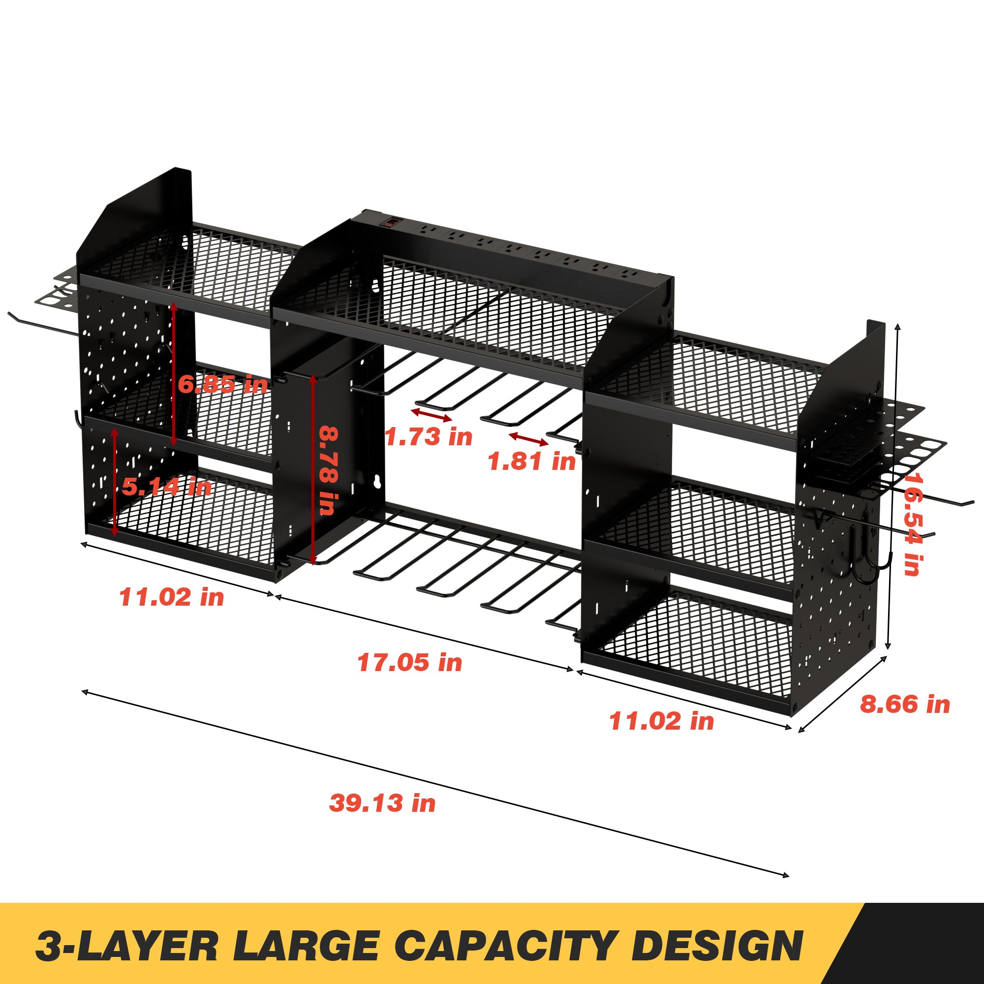 Power Tool Organizer Wall Mount with Charging Station 3-Tier Metal Garage Tool Storage Rack with 8-Outlet Power Strip
