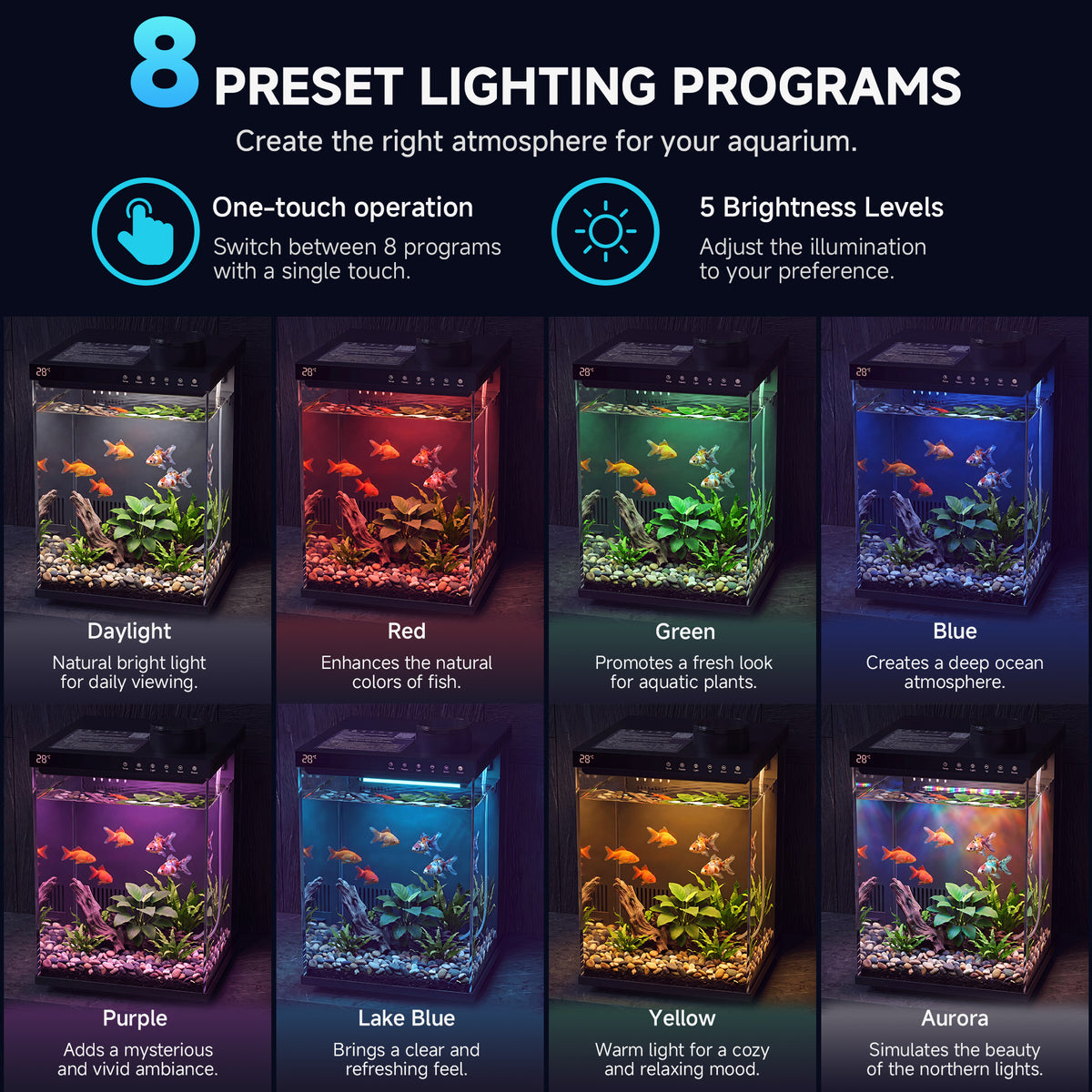 Fish Tank 4-Gallon Aquarium Set, Equipped with an Automatic Feeder, 8 Color Lighting Modes, an Automatic Three-in-one Silent Oxygen Pump, and a Temperature Display