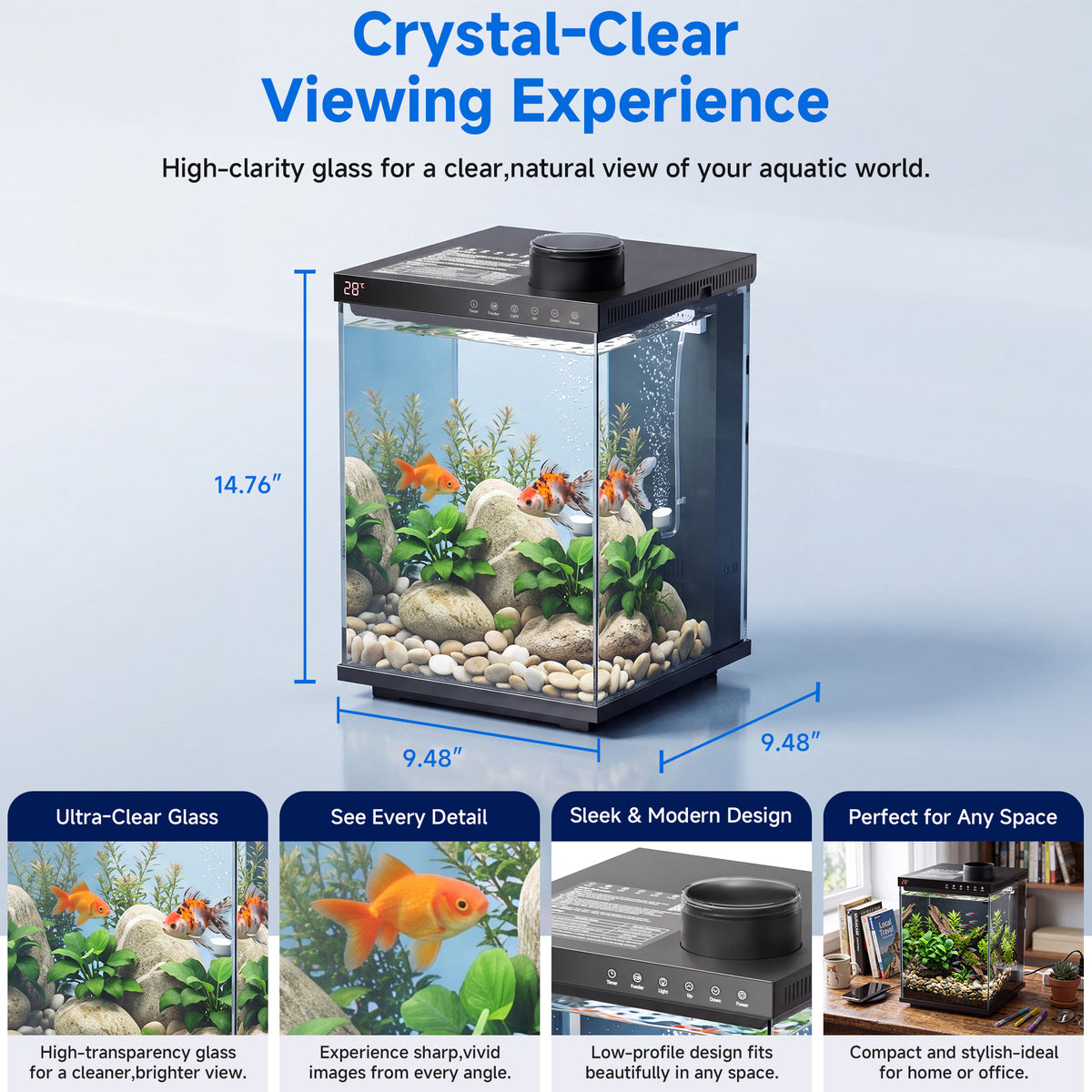 Fish Tank 4-Gallon Aquarium Set, Equipped with an Automatic Feeder, 8 Color Lighting Modes, an Automatic Three-in-one Silent Oxygen Pump, and a Temperature Display