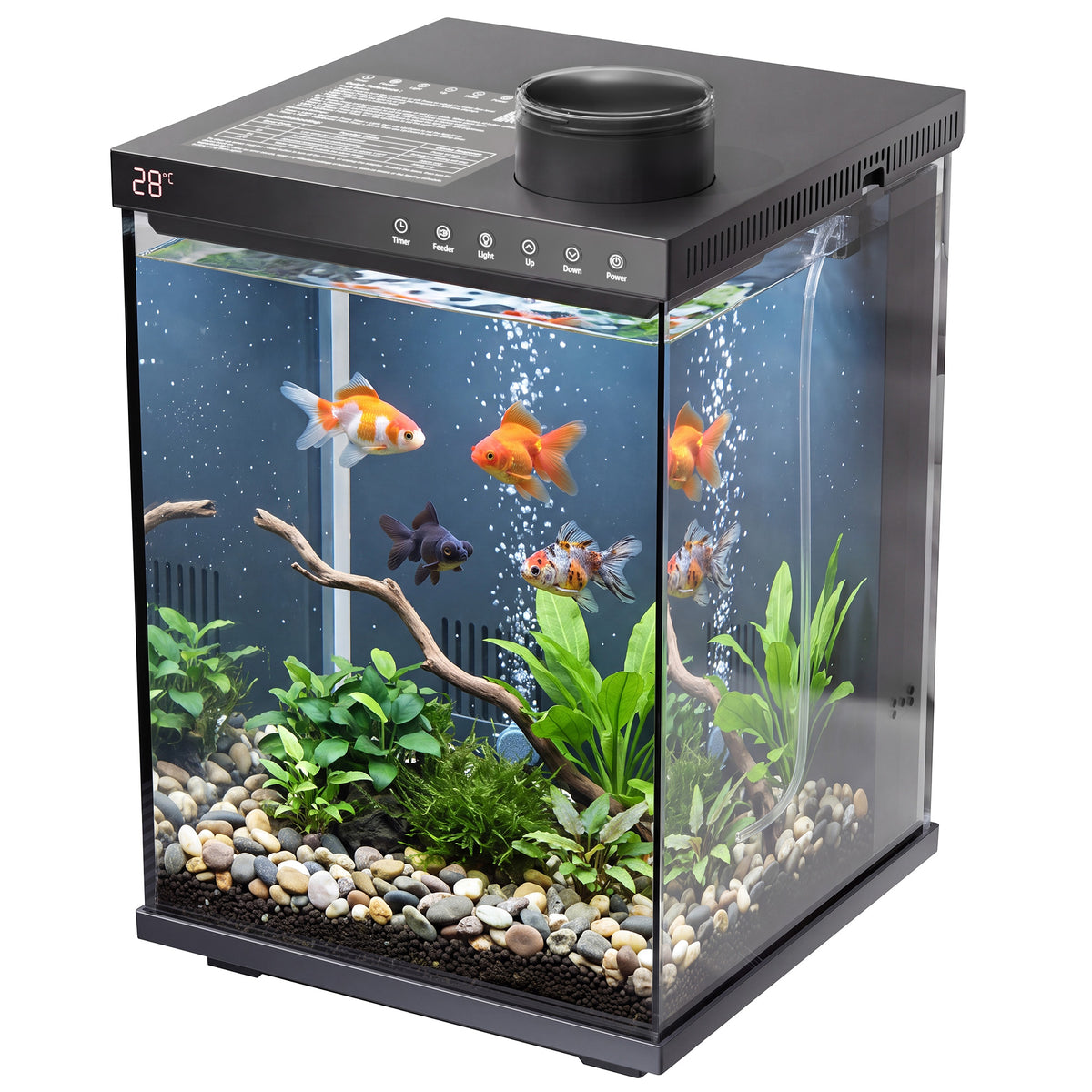 Fish Tank 4-Gallon Aquarium Set, Equipped with an Automatic Feeder, 8 Color Lighting Modes, an Automatic Three-in-one Silent Oxygen Pump, and a Temperature Display