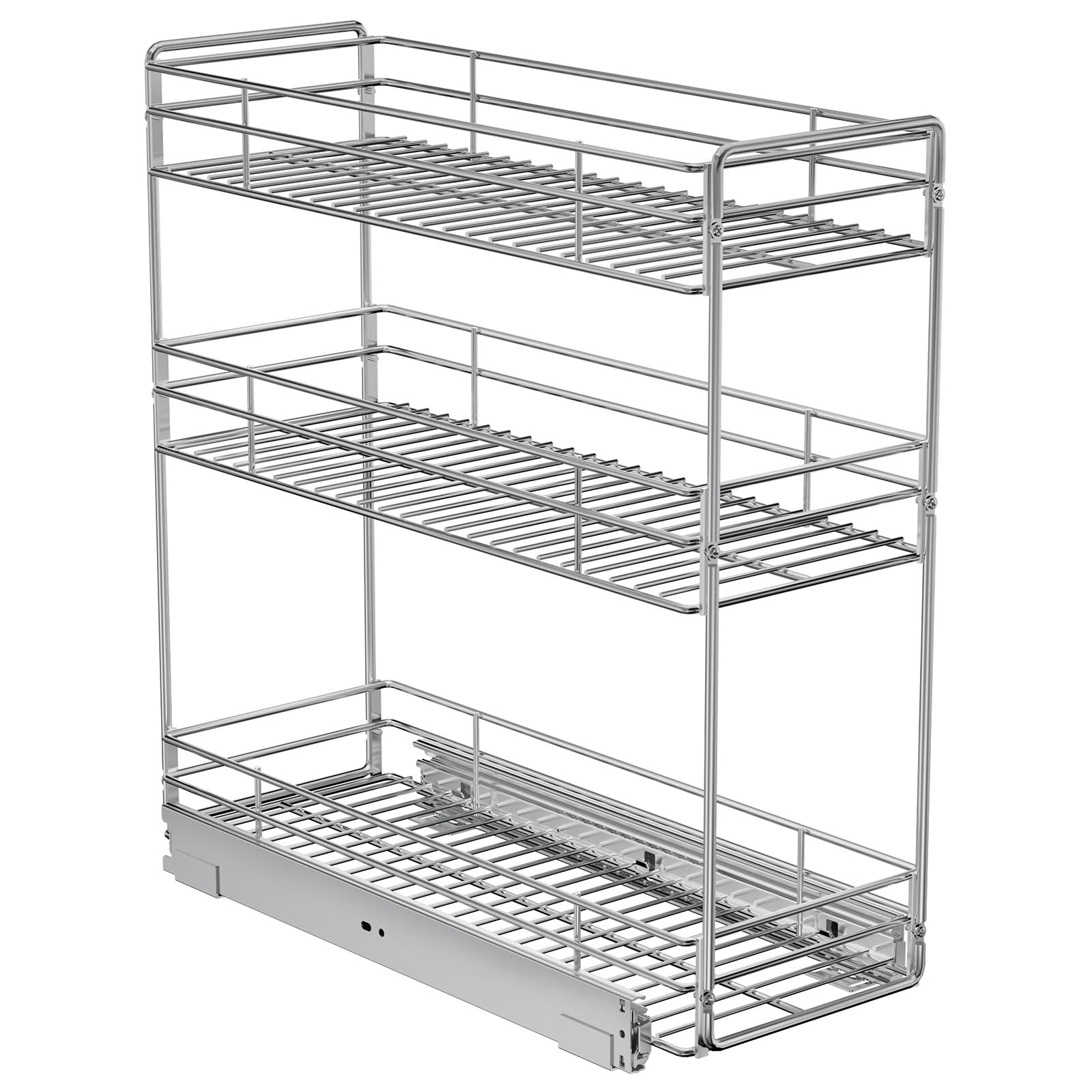 Adjustable 3-Tier Pull Out Spice Rack for 6" Narrow Cabinets, Height Adjustable Slide Out Pantry Shelf for Tall Bottles, Heavy Duty Chrome Wire Organizer
