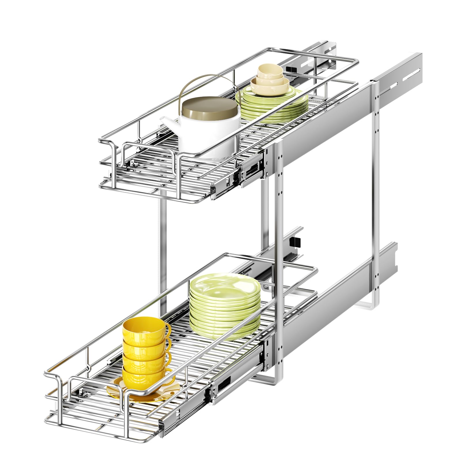 LUXEYARD 2-Tier Pull Out Cabinet Organizer, Heavy Duty Chrome Wire Shelves for Bathroom Vanity & Under Sink Storage, Vertical Sliding Drawer