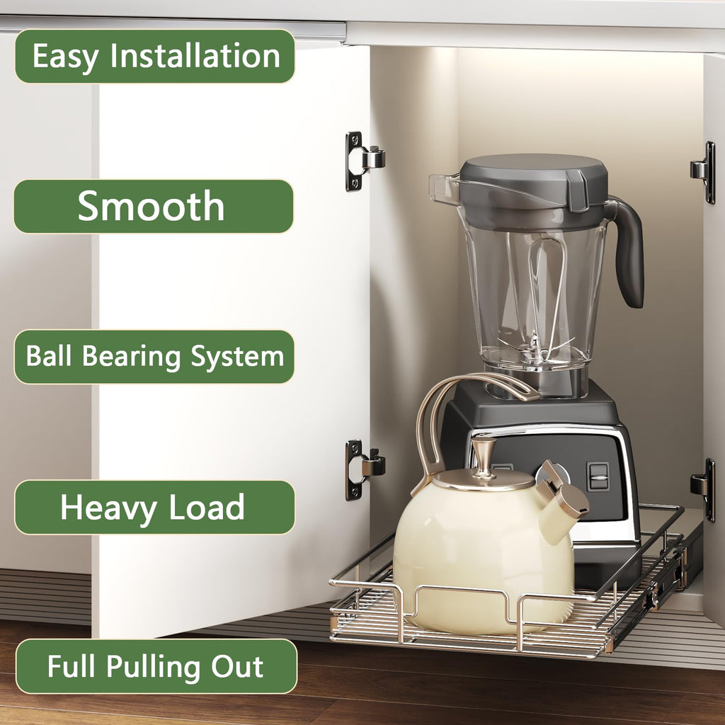 Pull Out Cabinet Organizer, Heavy Duty Slide Out Pantry Shelves for Bathroom Vanity & Shallow Kitchen Cabinets, Chrome Metal Sliding Drawer with Mounting Template