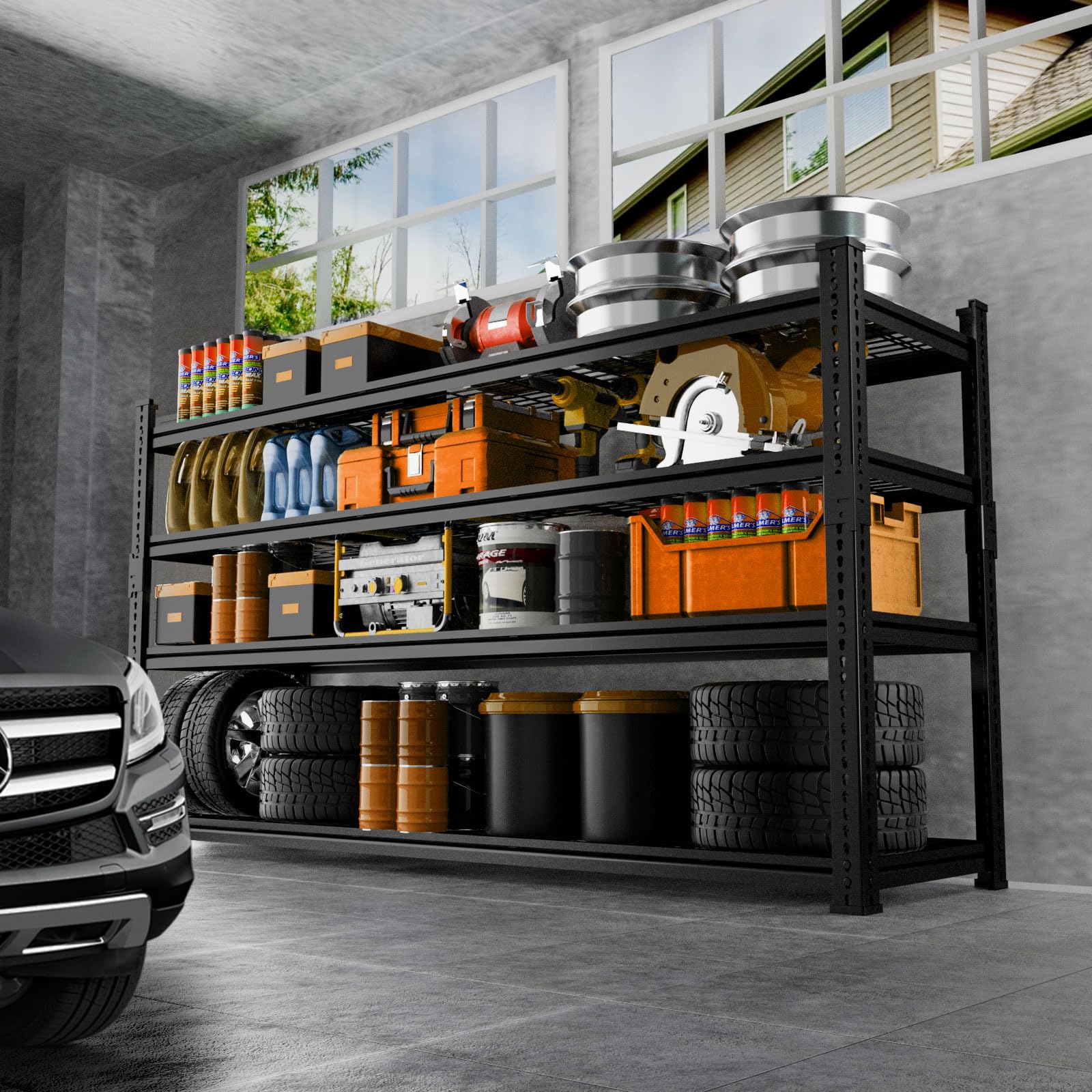 UAU 60"W Heavy Duty Garage Shelving, 2640Lbs Capacity 4-Tier Metal Rack with Wire Decks, Adjustable Boltless Shelves for Warehouse, Basement & Workshop - Black