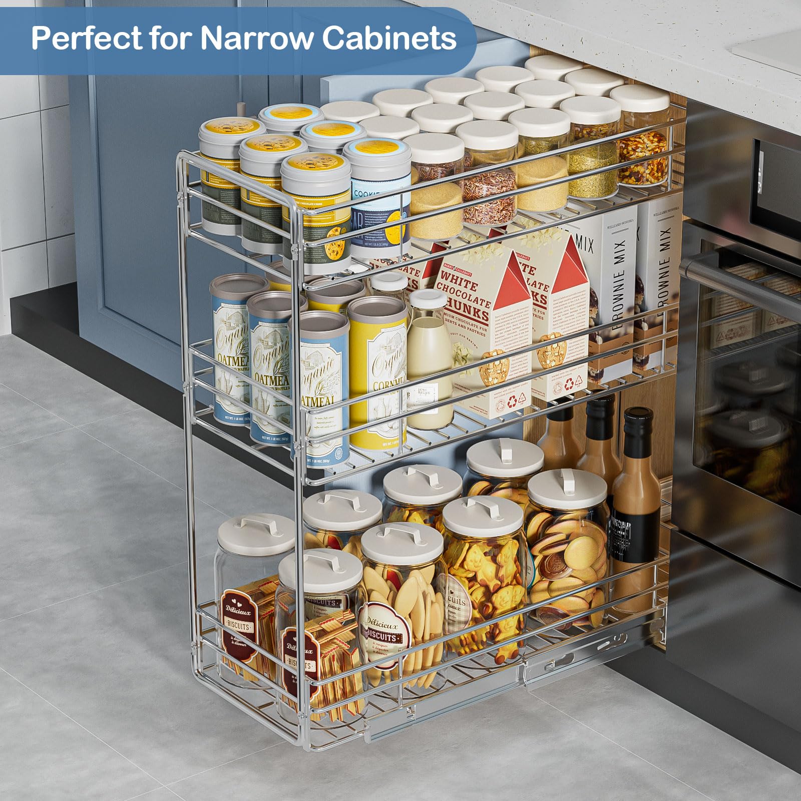 Adjustable 3-Tier Pull Out Spice Rack for 6" Narrow Cabinets, Height Adjustable Slide Out Pantry Shelf for Tall Bottles, Heavy Duty Chrome Wire Organizer