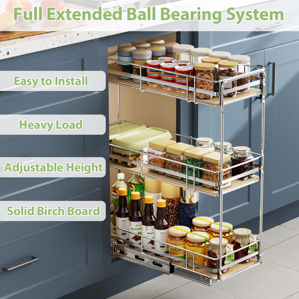 3-Tier Pull Out Spice Rack Organizer for 6" Narrow Cabinets, Slide Out Filler Storage with Solid Wood Base, Heavy Duty Chrome Kitchen Shelf for Spices, Sauces & Oils