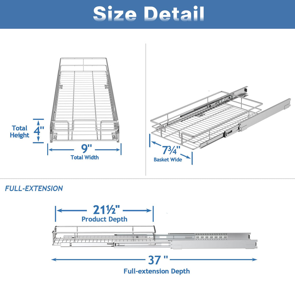 Pull Out Cabinet Organizer, Heavy Duty Slide Out Pantry Shelves for Bathroom Vanity & Shallow Kitchen Cabinets, Chrome Metal Sliding Drawer with Mounting Template