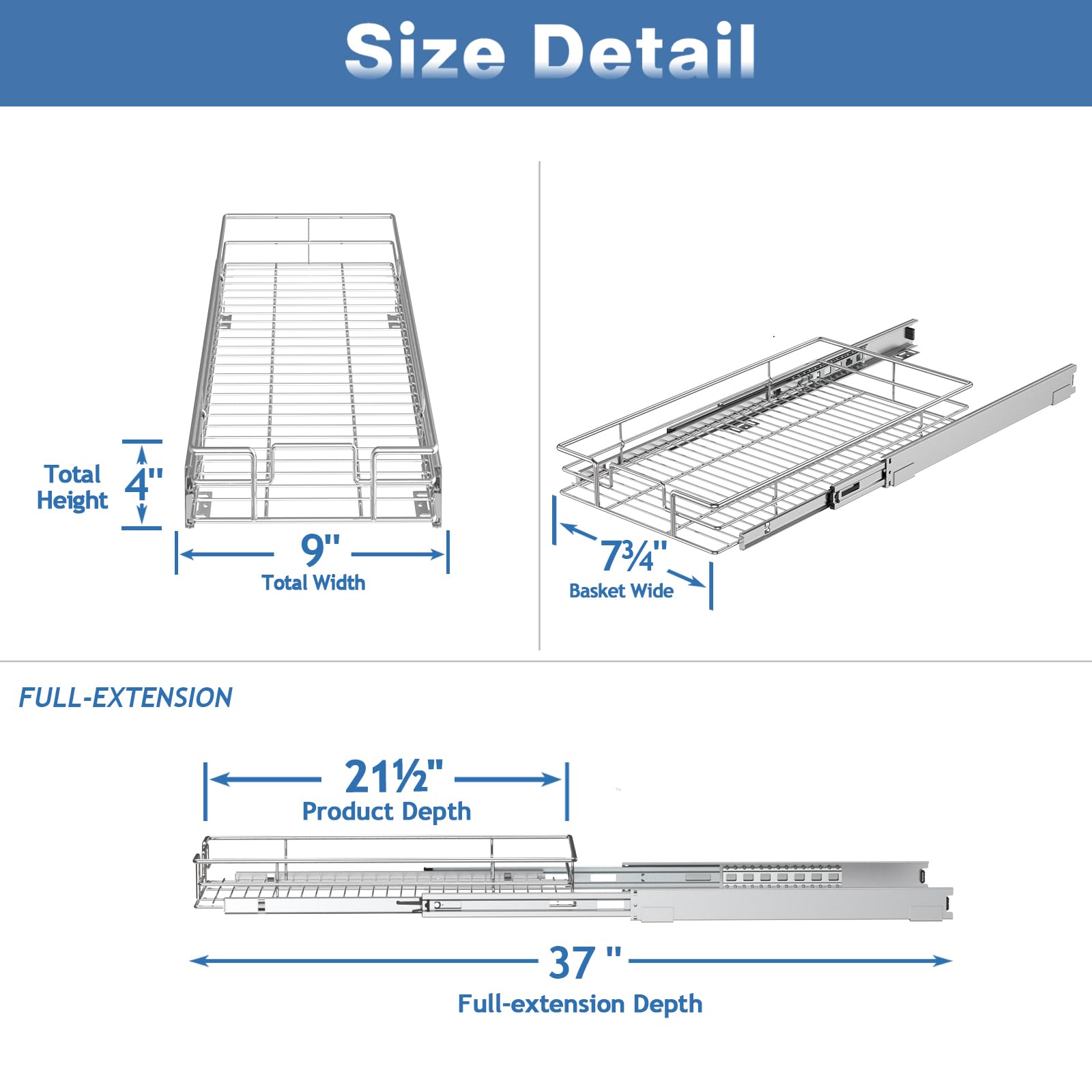 Pull Out Cabinet Organizer, Heavy Duty Slide Out Pantry Shelves for Bathroom Vanity & Shallow Kitchen Cabinets, Chrome Metal Sliding Drawer with Mounting Template