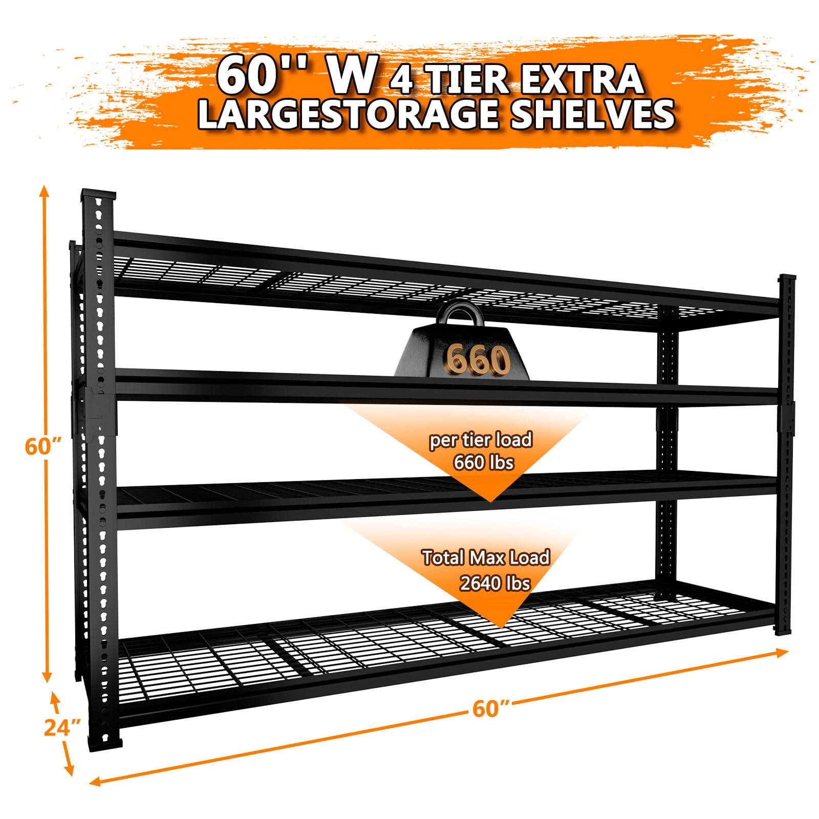 UAU 60"W Heavy Duty Garage Shelving, 2640Lbs Capacity 4-Tier Metal Rack with Wire Decks, Adjustable Boltless Shelves for Warehouse, Basement & Workshop - Black