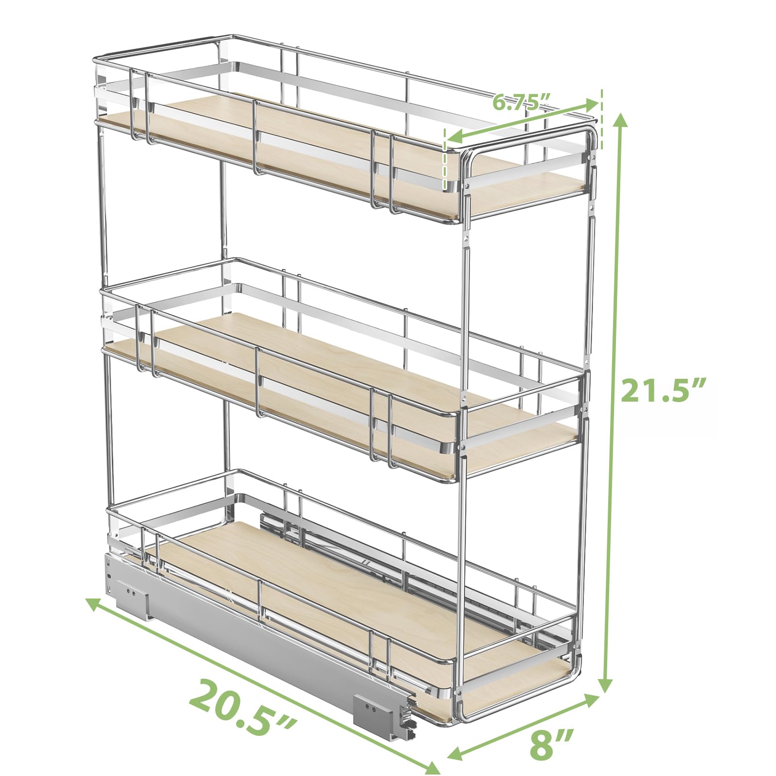3-Tier Pull Out Spice Rack Organizer for 6" Narrow Cabinets, Slide Out Filler Storage with Solid Wood Base, Heavy Duty Chrome Kitchen Shelf for Spices, Sauces & Oils