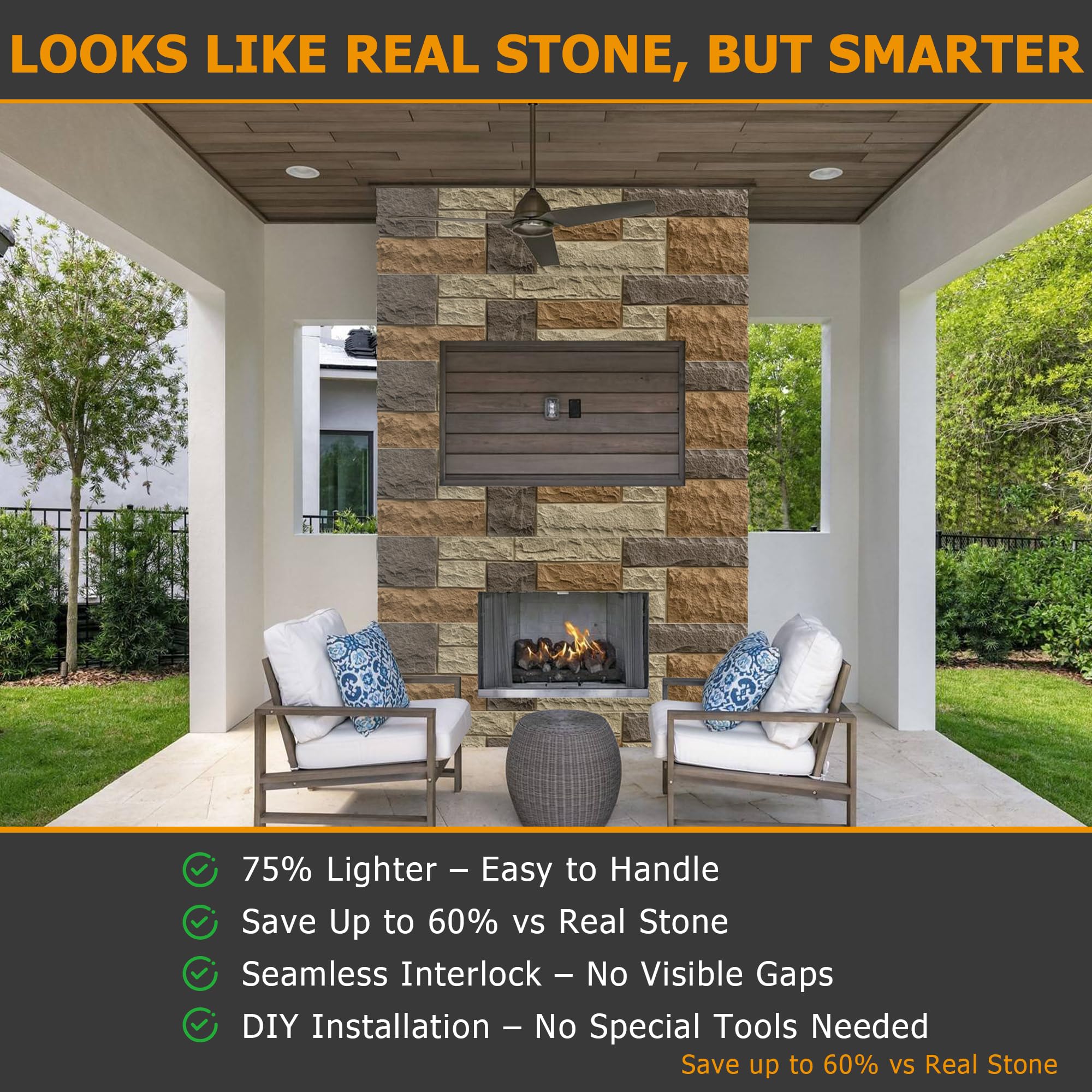 Faux Stone Wall Panels, 1-Pack Premium PU Stone Veneer for Indoor/Outdoor, 3D Artificial Rock Siding for Fireplace Surround & TV Accent Wall, English Brown Castle Stone, 45.67"x11.8"