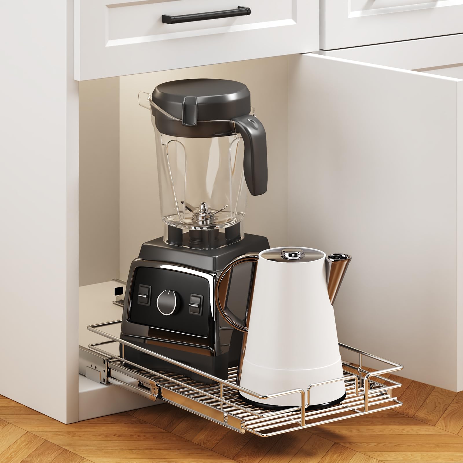 Pull Out Cabinet Organizer, Heavy Duty Slide Out Pantry Shelves for Bathroom Vanity & Shallow Kitchen Cabinets, Chrome Metal Sliding Drawer with Mounting Template