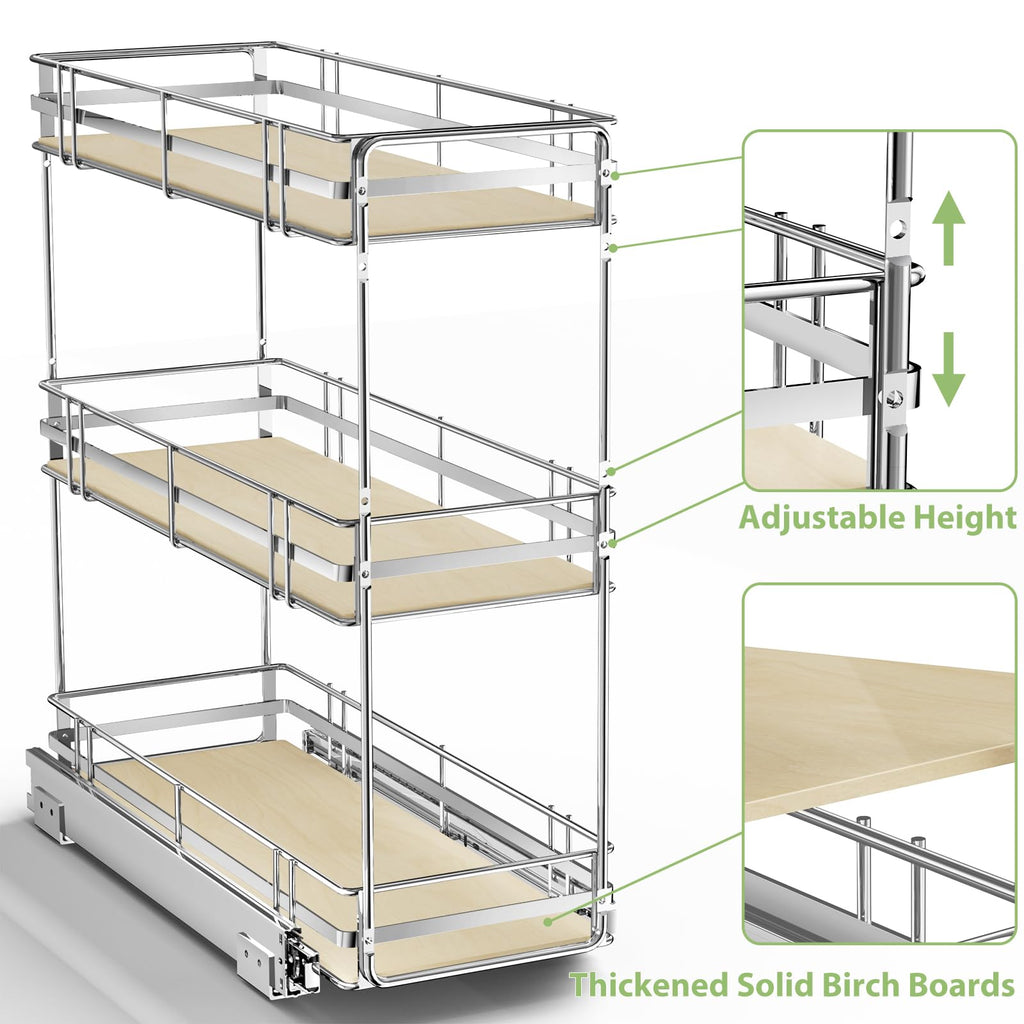 3-Tier Pull Out Spice Rack Organizer for 6" Narrow Cabinets, Slide Out Filler Storage with Solid Wood Base, Heavy Duty Chrome Kitchen Shelf for Spices, Sauces & Oils