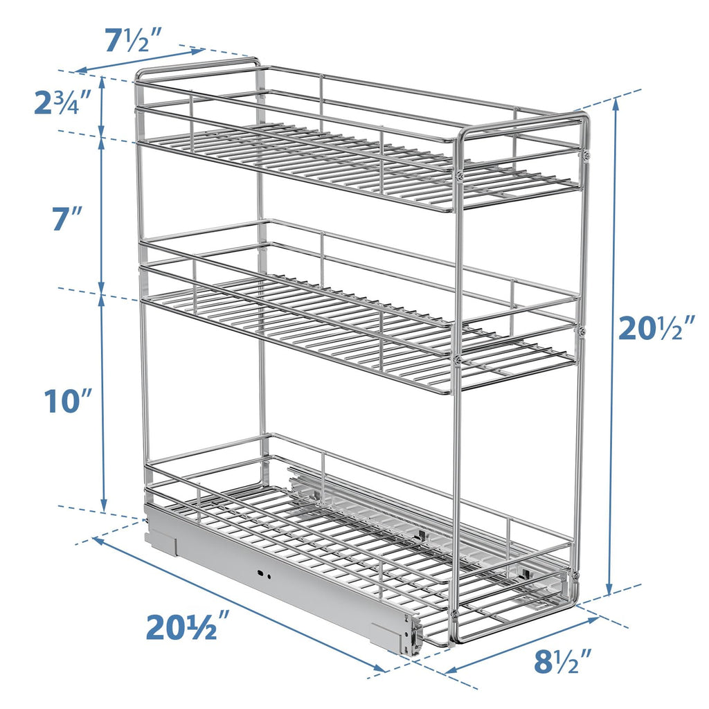 Adjustable 3-Tier Pull Out Spice Rack for 6" Narrow Cabinets, Height Adjustable Slide Out Pantry Shelf for Tall Bottles, Heavy Duty Chrome Wire Organizer