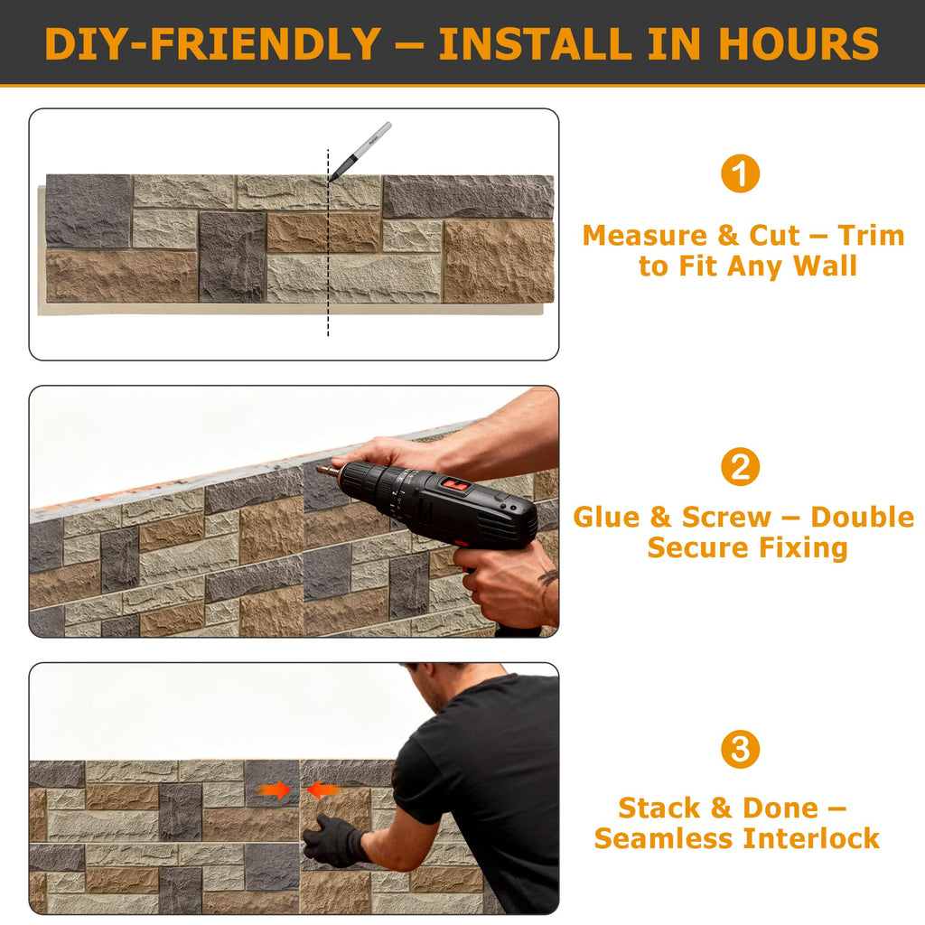 Faux Stone Wall Panels, 1-Pack Premium PU Stone Veneer for Indoor/Outdoor, 3D Artificial Rock Siding for Fireplace Surround & TV Accent Wall, English Brown Castle Stone, 45.67"x11.8"