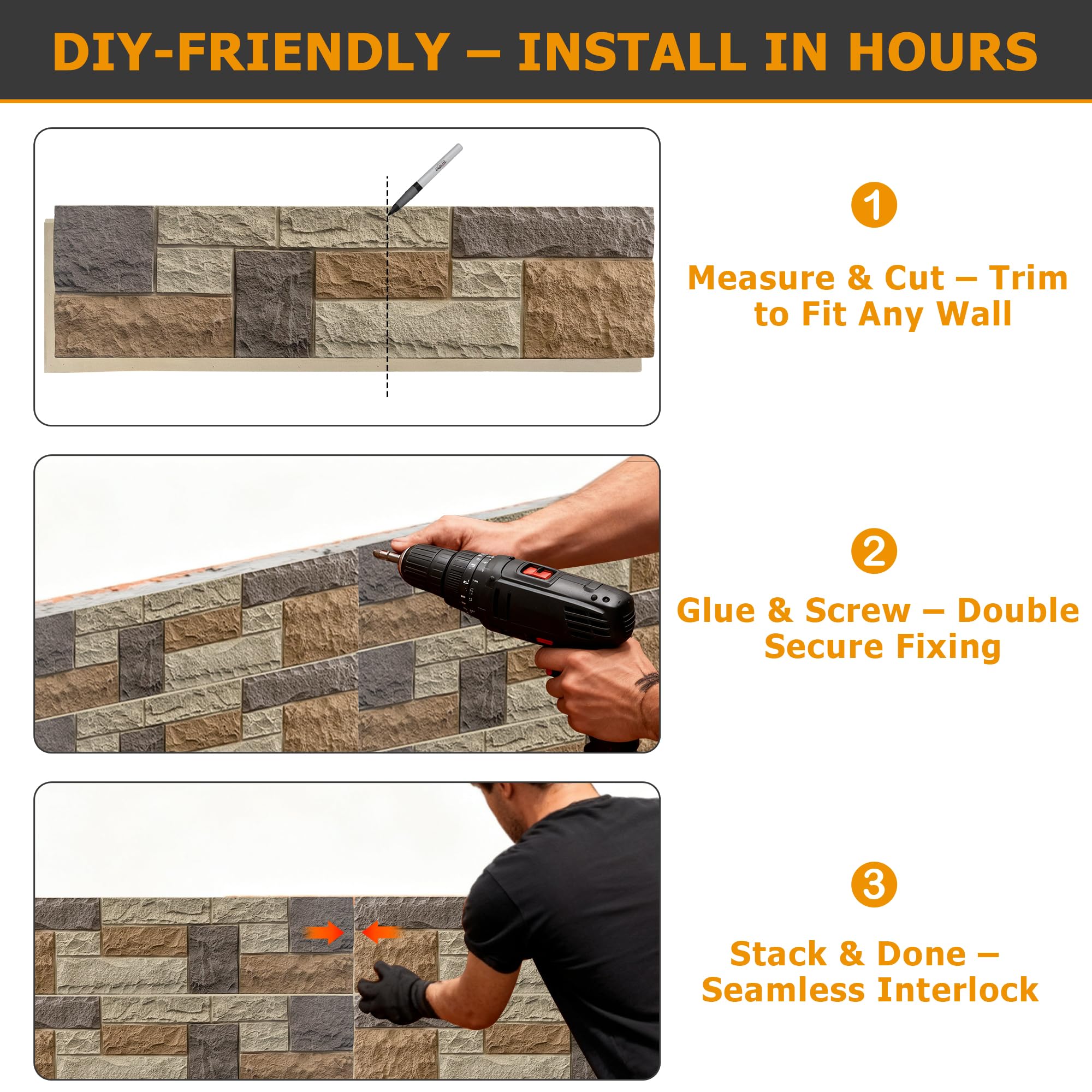 Faux Stone Wall Panels, 1-Pack Premium PU Stone Veneer for Indoor/Outdoor, 3D Artificial Rock Siding for Fireplace Surround & TV Accent Wall, English Brown Castle Stone, 45.67"x11.8"