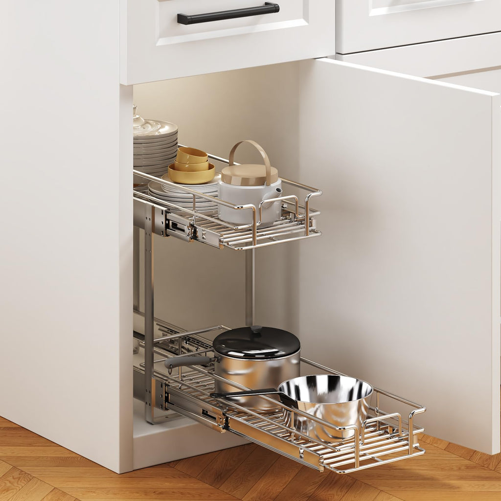 LUXEYARD 2-Tier Pull Out Cabinet Organizer, Heavy Duty Chrome Wire Shelves for Bathroom Vanity & Under Sink Storage, Vertical Sliding Drawer