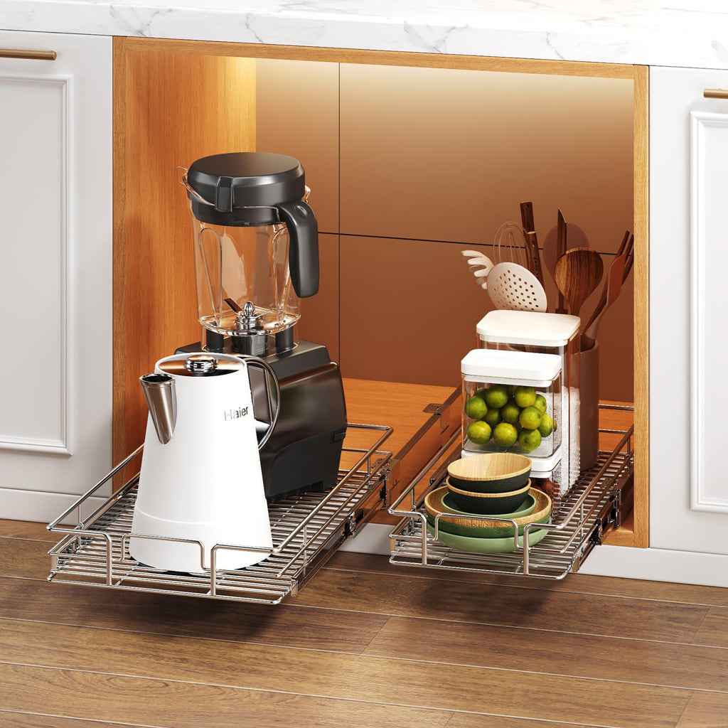 Pull Out Cabinet Organizer, Heavy Duty Slide Out Pantry Shelves for Bathroom Vanity & Shallow Kitchen Cabinets, Chrome Metal Sliding Drawer with Mounting Template