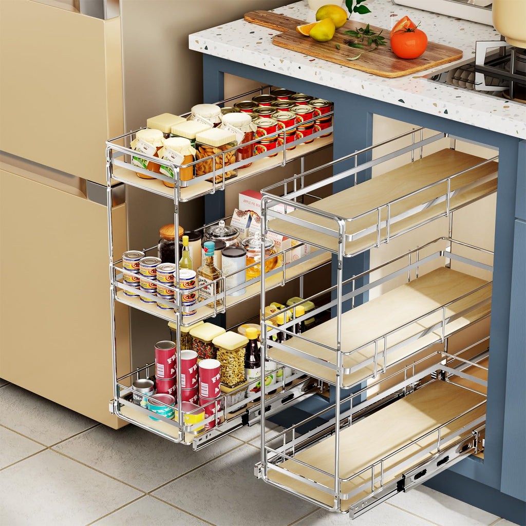 3-Tier Pull Out Spice Rack Organizer for 6" Narrow Cabinets, Slide Out Filler Storage with Solid Wood Base, Heavy Duty Chrome Kitchen Shelf for Spices, Sauces & Oils