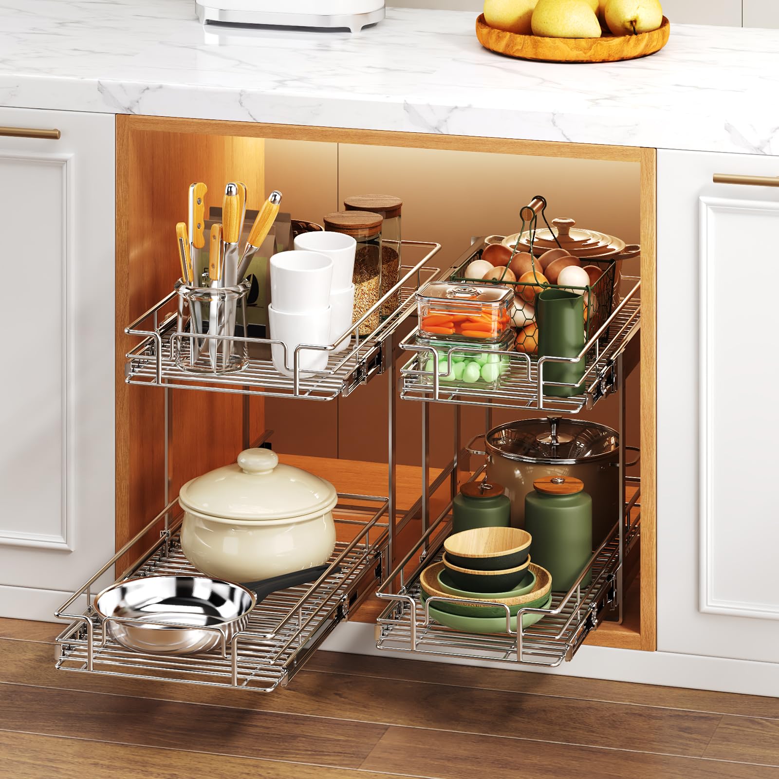 LUXEYARD 2-Tier Pull Out Cabinet Organizer, Heavy Duty Chrome Wire Shelves for Bathroom Vanity & Under Sink Storage, Vertical Sliding Drawer