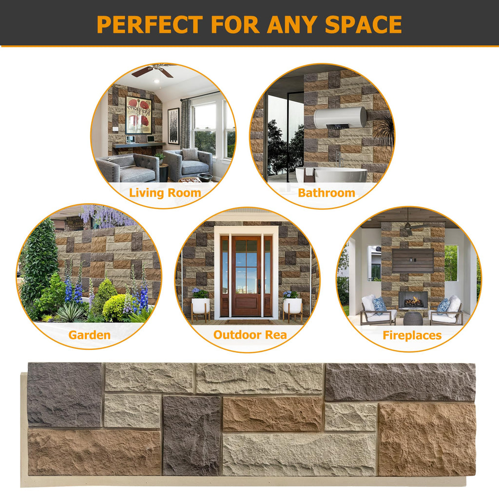 Faux Stone Wall Panels, 1-Pack Premium PU Stone Veneer for Indoor/Outdoor, 3D Artificial Rock Siding for Fireplace Surround & TV Accent Wall, English Brown Castle Stone, 45.67"x11.8"